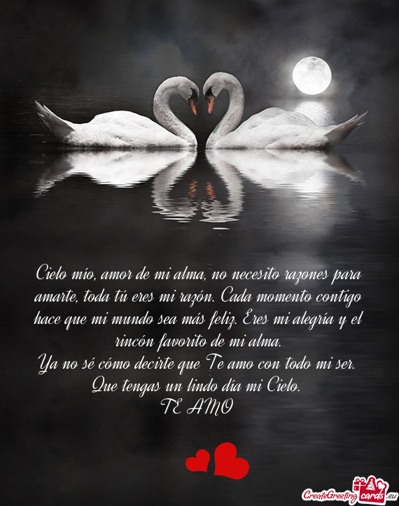 Cielo mío, amor de mi alma, no necesito razones para amarte, toda tú eres mi razón. Cada momento