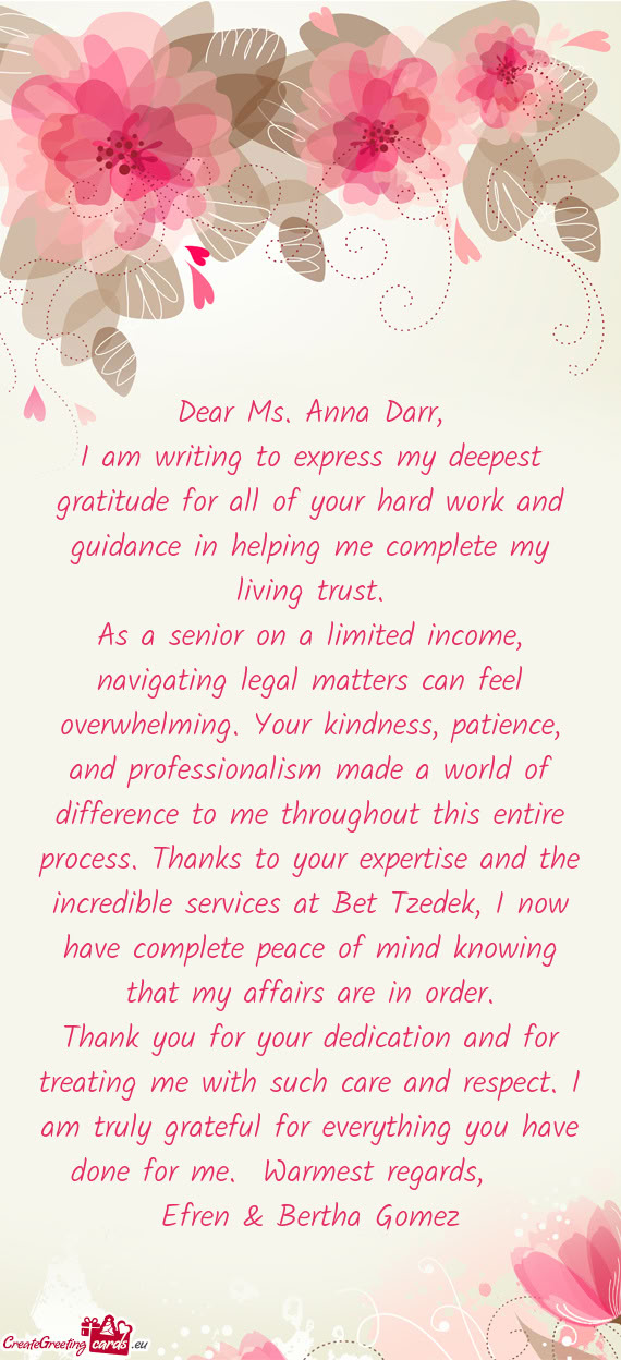 Dear Ms. Anna Darr