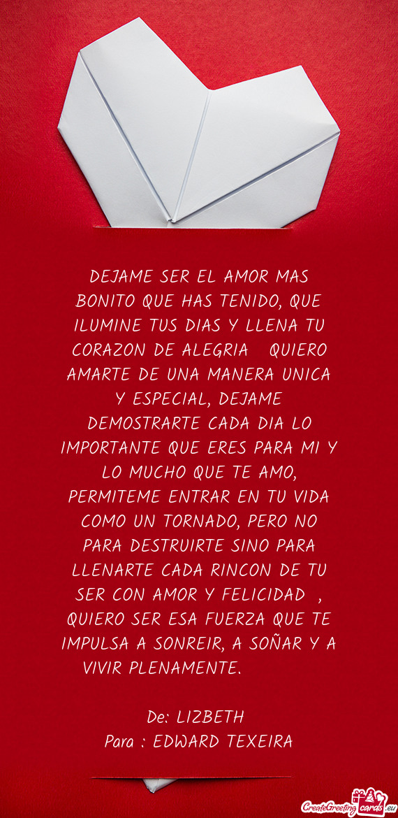 DEJAME SER EL AMOR MAS BONITO QUE HAS TENIDO, QUE ILUMINE TUS DIAS Y LLENA TU CORAZON DE ALEGRIA🤗