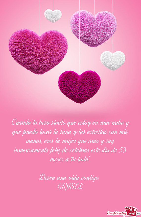 Eres la mujer que amo y soy inmensamente feliz de celebrar este día de 53 meses a tu lado”