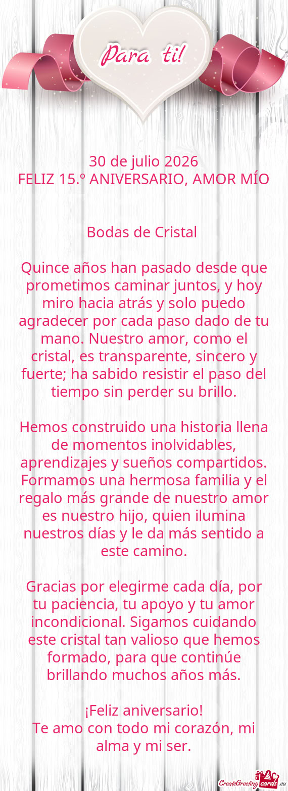FELIZ 15.º ANIVERSARIO, AMOR MÍO