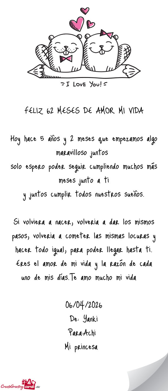 FELIZ 62 MESES DE AMOR MI VIDA