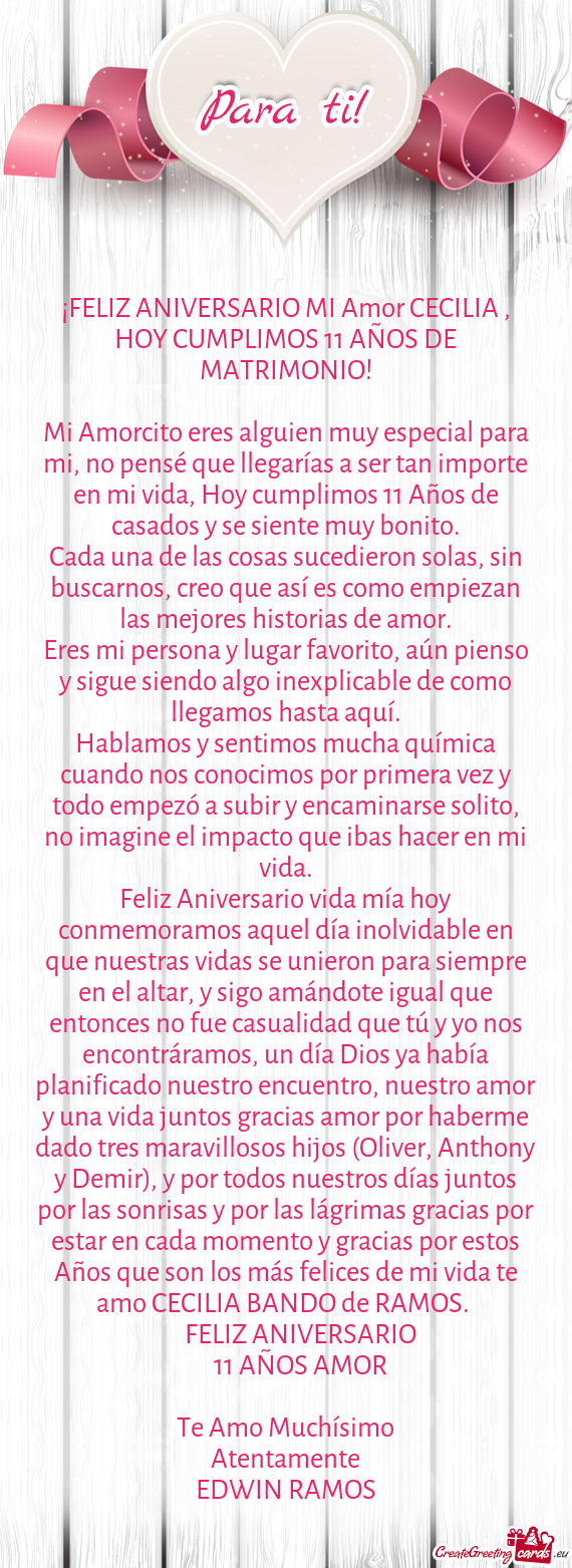 ¡FELIZ ANIVERSARIO MI Amor CECILIA , HOY CUMPLIMOS 11 AÑOS DE MATRIMONIO
