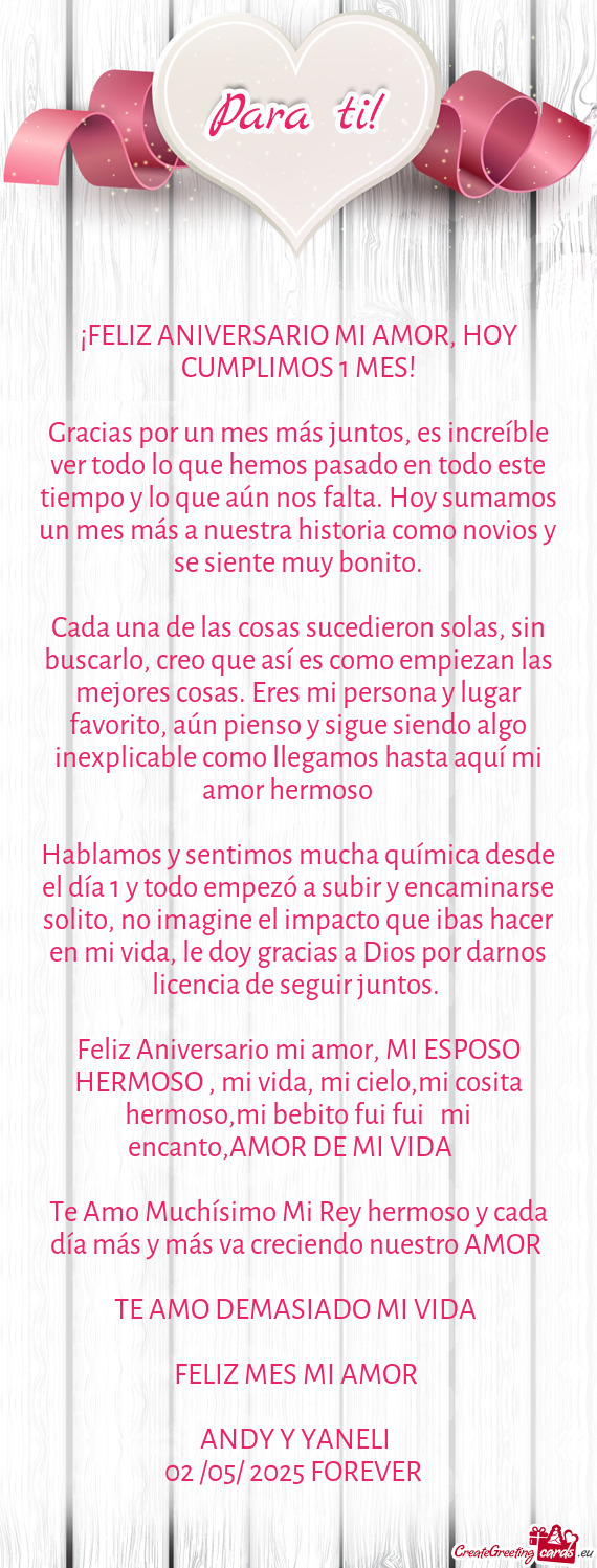 ¡FELIZ ANIVERSARIO MI AMOR, HOY CUMPLIMOS 1 MES