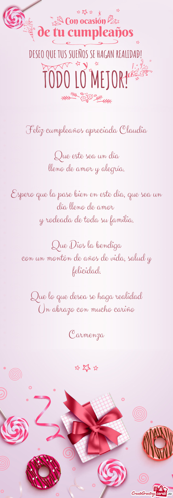 Feliz cumpleaños apreciada Claudia
