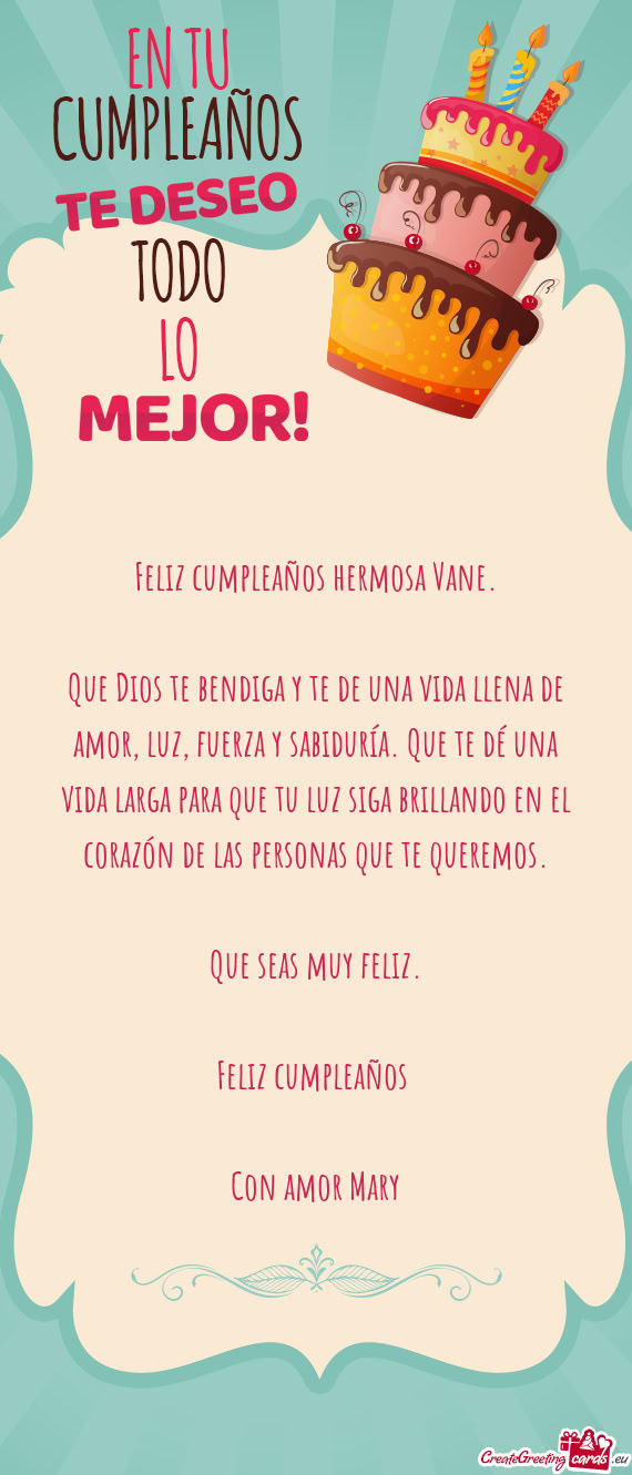 Feliz cumpleaños hermosa Vane