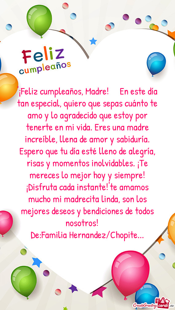 "¡Feliz cumpleaños, Madre! 🎉❤️ En este día tan especial, quiero que sepas cuánto te amo y