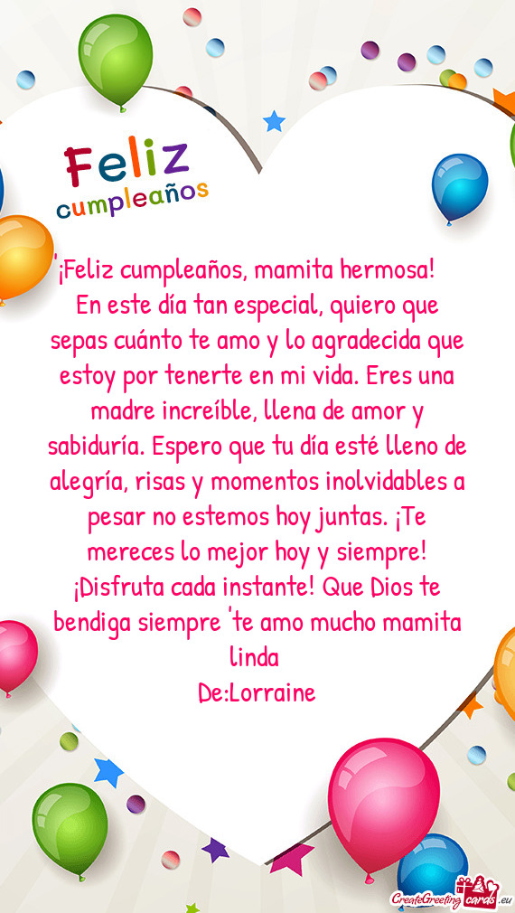 "¡Feliz cumpleaños, mamita hermosa! 🎉❤️ En este día tan especial, quiero que sepas cuánto