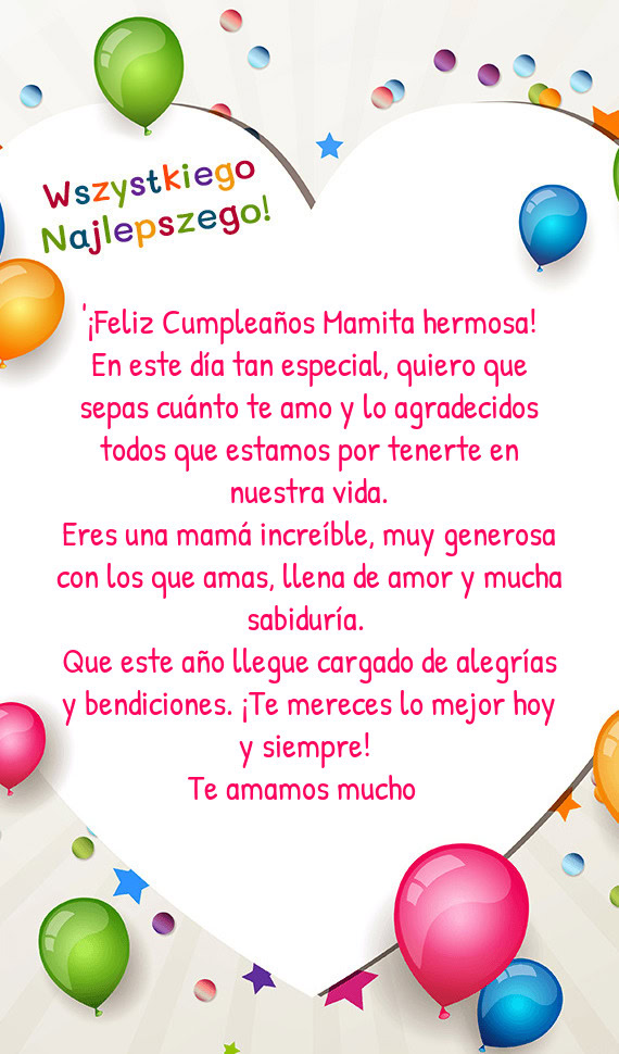 "¡Feliz Cumpleaños Mamita hermosa! En este día tan especial