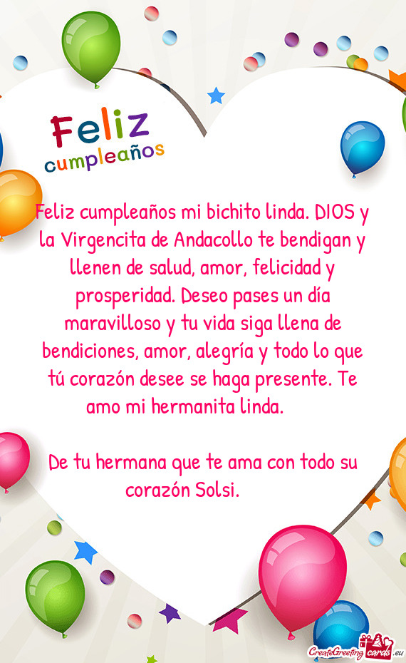 Feliz cumpleaños mi bichito linda. DIOS y la Virgencita de Andacollo te bendigan y llenen de salud
