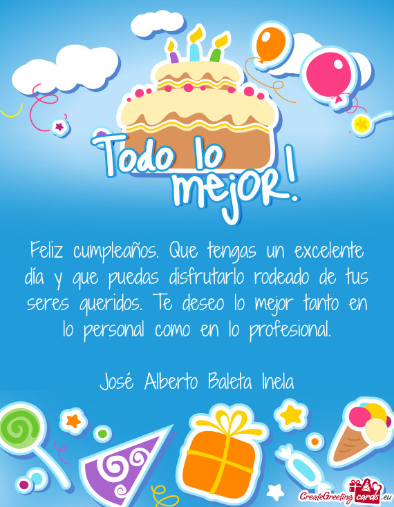 Feliz cumpleaños. Que tengas un excelente día y que puedas disfrutarlo rodeado de tus seres querid