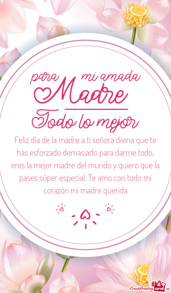 Feliz día de la madre a ti señora divina que te has esforzado demasiado para darme todo, eres la m