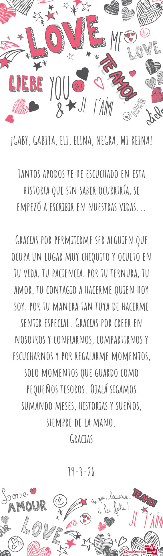 ¡GABY, GABITA, ELI, ELINA, NEGRA, MI REINA