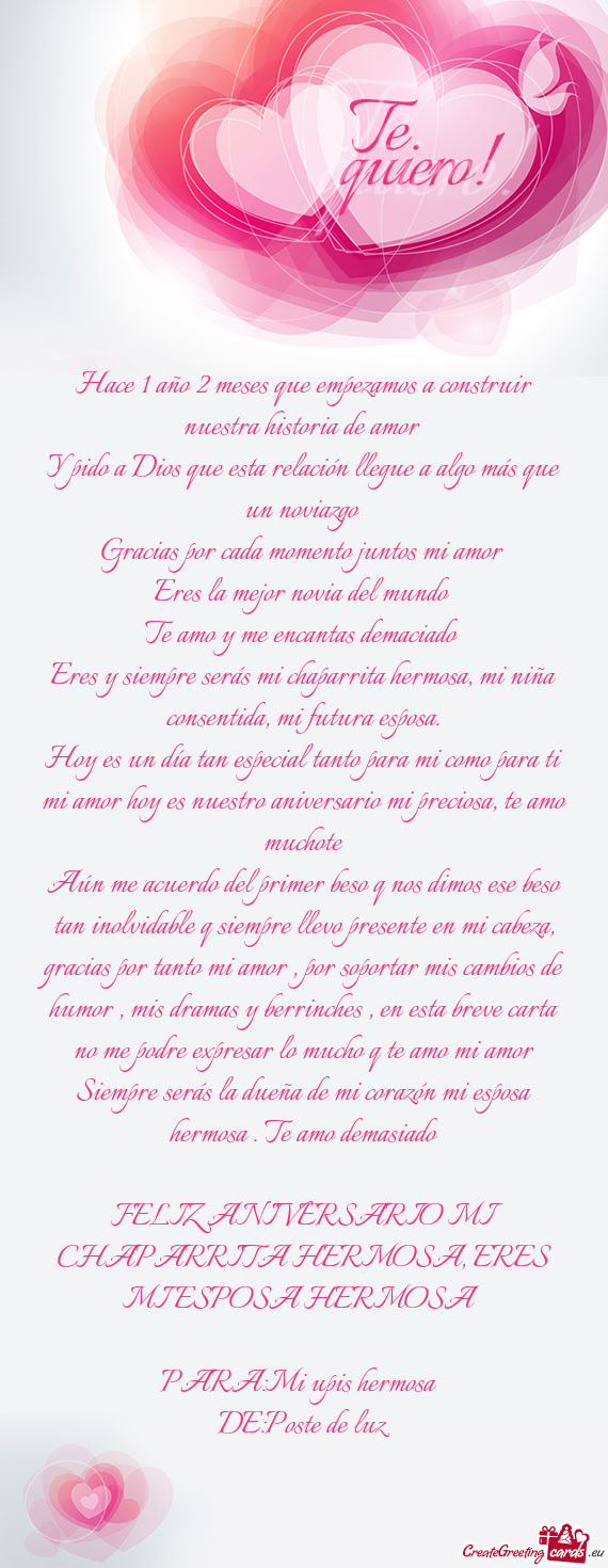Hace 1 año 2 meses que empezamos a construir nuestra historia de amor Y pido a Dios que esta rela