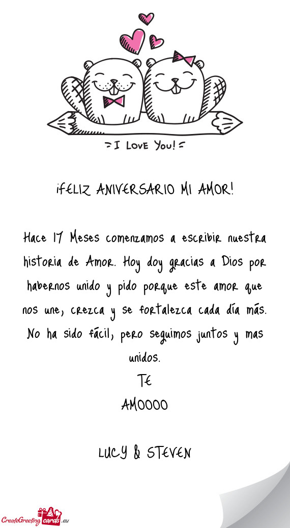 Hace 17 Meses comenzamos a escribir nuestra historia de Amor. Hoy doy gracias a Dios por habernos un