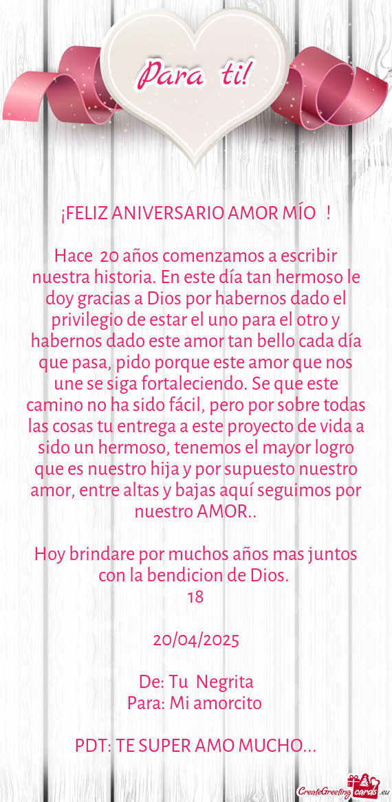 Hace 20 años comenzamos a escribir nuestra historia. En este día tan hermoso le doy gracias a Dio