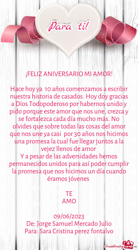 Hace hoy ya 10 años comenzamos a escribir nuestra historia de casados. Hoy doy gracias a Díos Tod