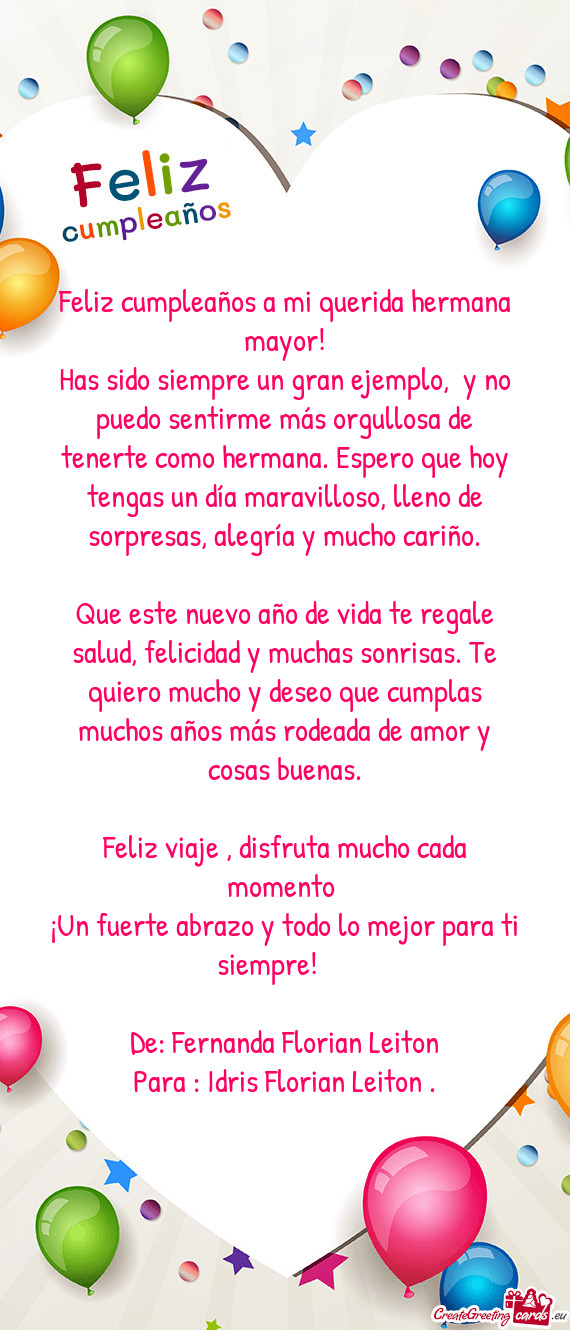 Has sido siempre un gran ejemplo, y no puedo sentirme más orgullosa de tenerte como hermana. Esper