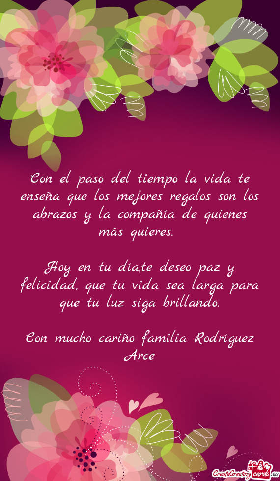 Hoy en tu día,te deseo paz y felicidad, que tu vida sea larga para que tu luz siga brillando