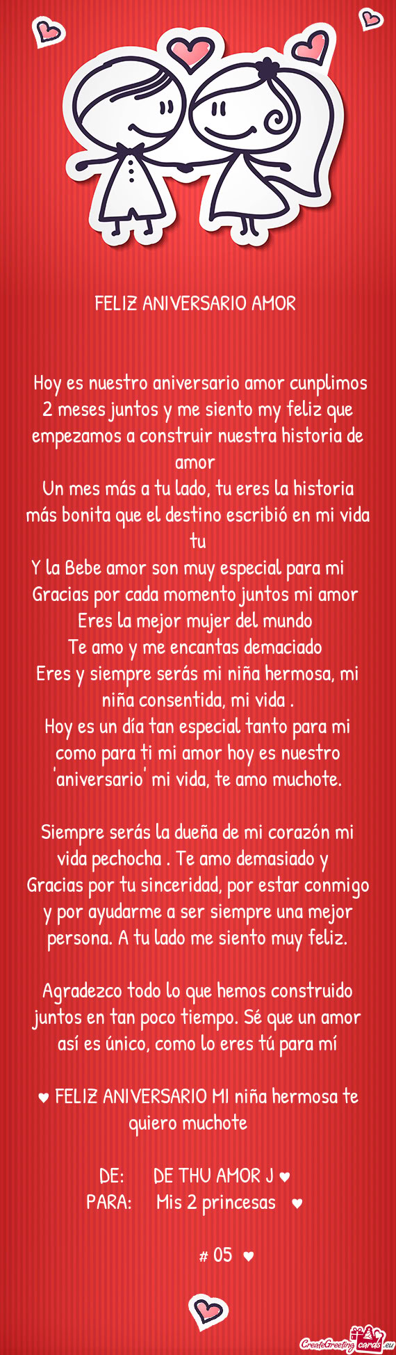 Hoy es nuestro aniversario amor cunplimos 2 meses juntos y me siento my feliz que empezamos a const