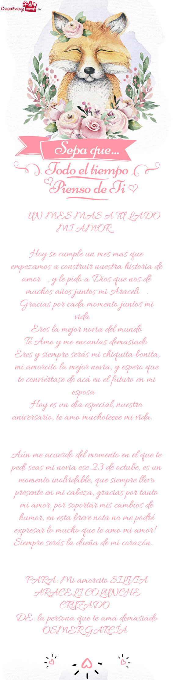 Hoy se cumple un mes mas que empezamos a construir nuestra historia de amor👸💗😘, y le pido a