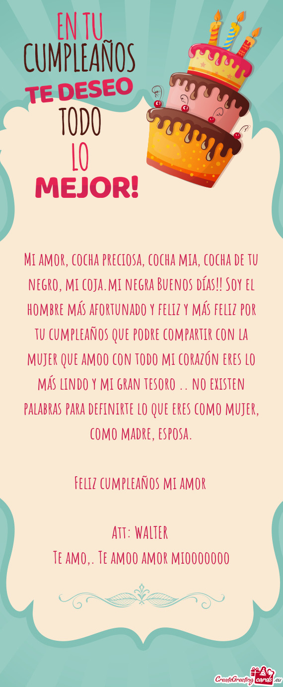 Mi amor, cocha preciosa, cocha mia, cocha de tu negro, mi coja.mi negra Buenos días!! Soy el hombre