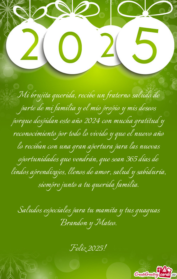 Mi brujita querida, recibe un fraterno saludo de parte de mi familia y el mío propio y mis deseos p