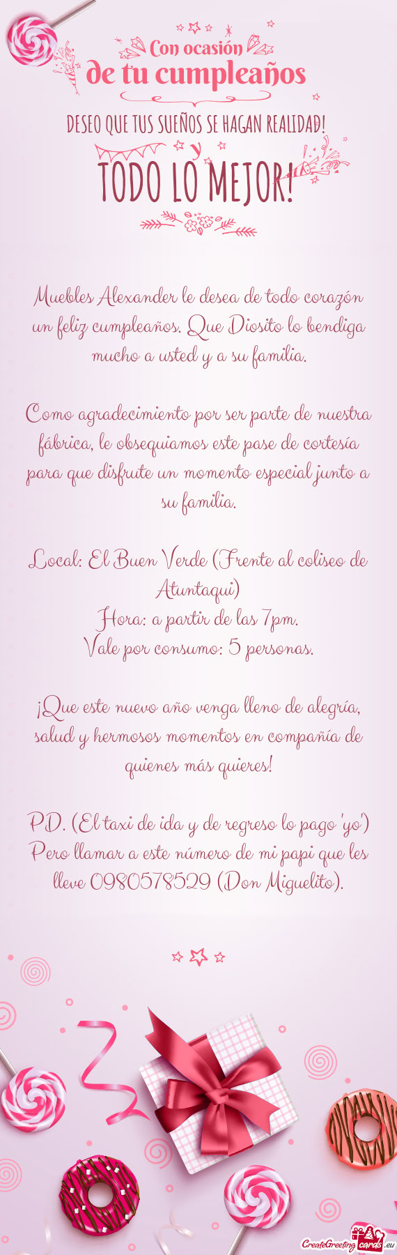 Muebles Alexander le desea de todo corazón un feliz cumpleaños. Que Diosito lo bendiga mucho a ust