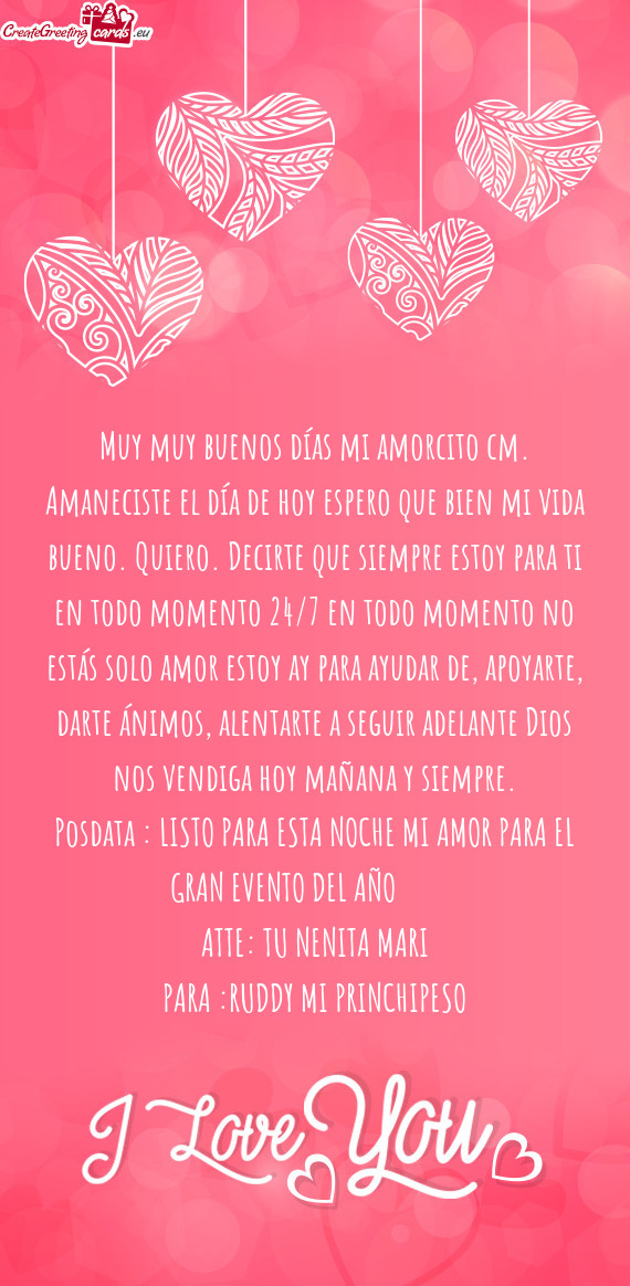Muy muy buenos días mi amorcito cm. Amaneciste el día de hoy espero que bien mi vida bueno. Quiero