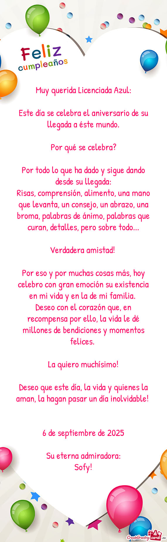 Muy querida Licenciada Azul