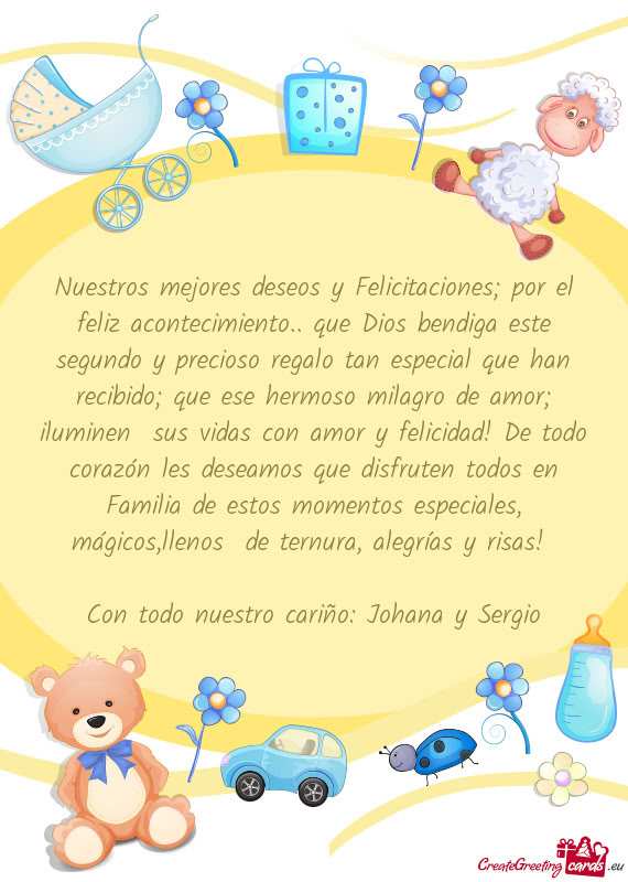 Nuestros mejores deseos y Felicitaciones; por el feliz acontecimiento.. que Dios bendiga este segund