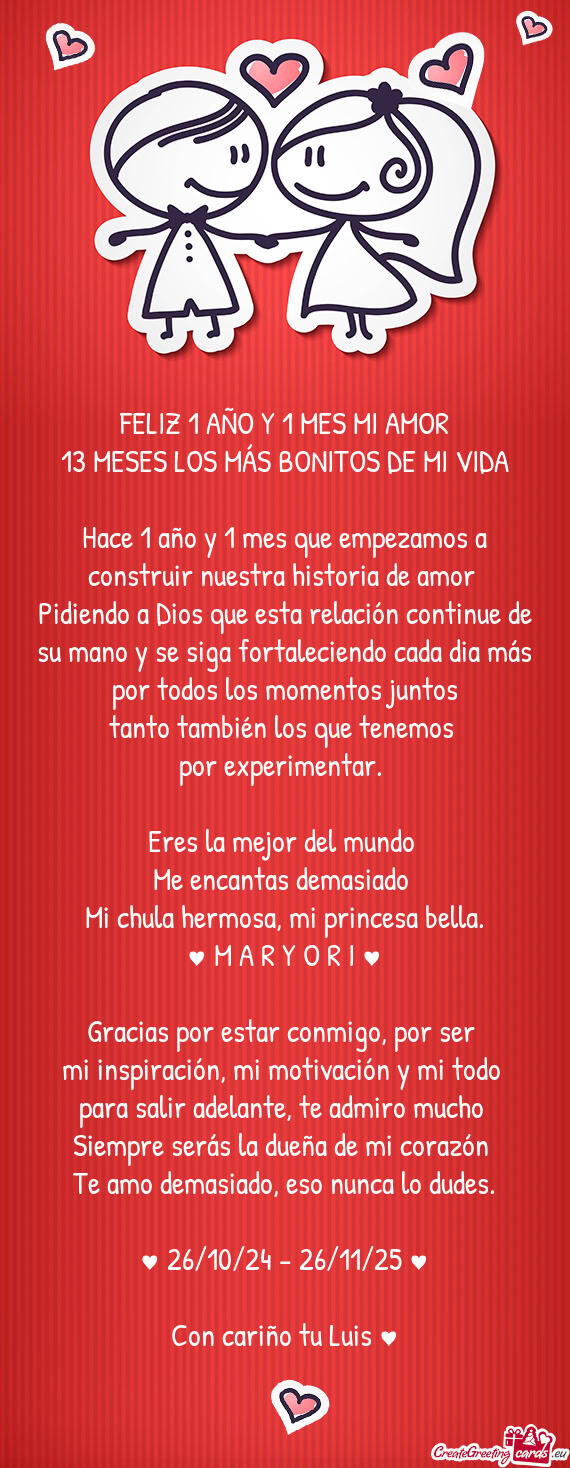 Pidiendo a Dios que esta relación continue de su mano y se siga fortaleciendo cada dia más por tod