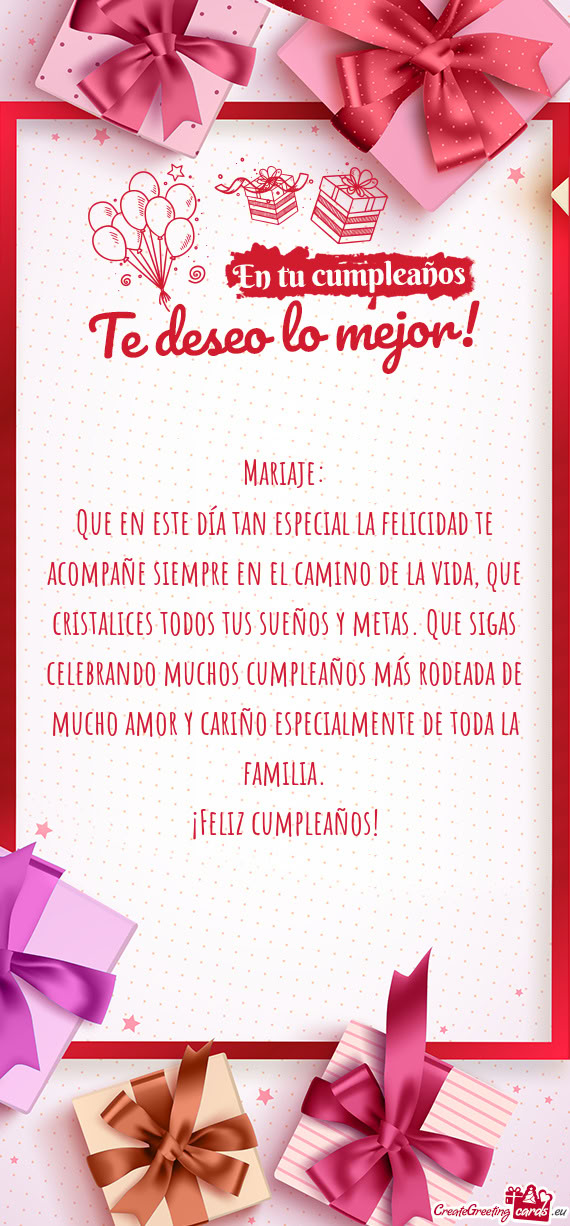 Que en este día tan especial la felicidad te acompañe siempre en el camino de la vida, que cristal