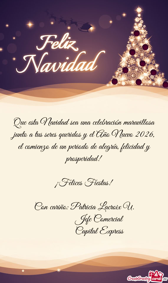 Que esta Navidad sea una celebración maravillosa junto a tus seres queridos y el Año Nuevo 2026, e