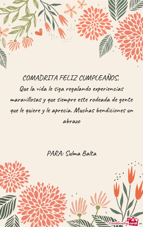 Que la vida le siga regalando experiencias maravillosas y que siempre este rodeada de gente que le q