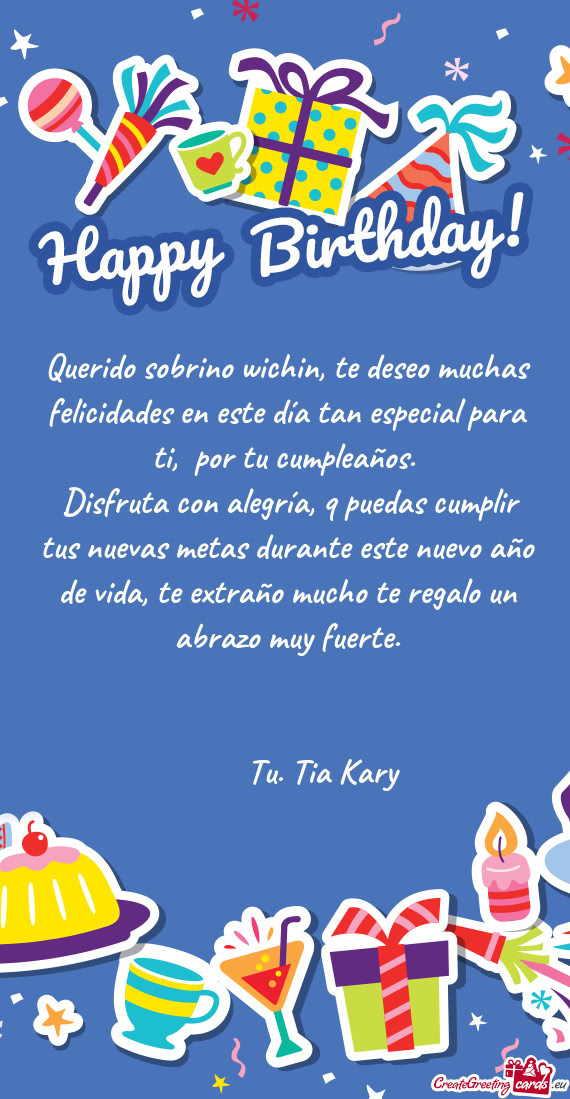 Querido sobrino wichin, te deseo muchas felicidades en este día tan especial para ti, por tu cumpl