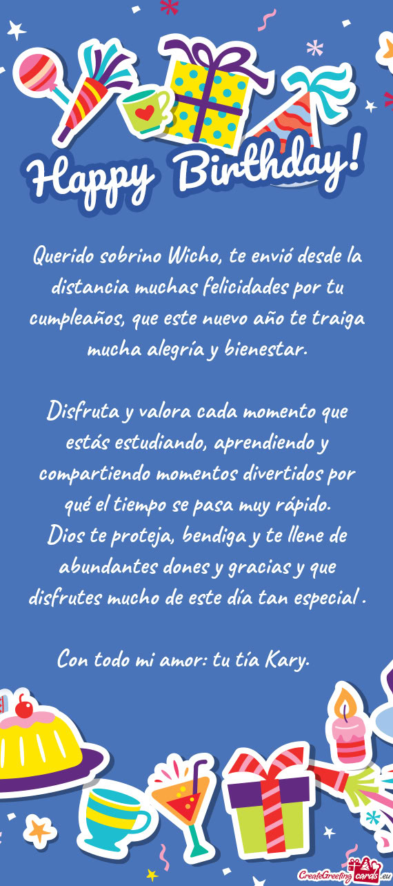 Querido sobrino Wicho, te envió desde la distancia muchas felicidades por tu cumpleaños, que este