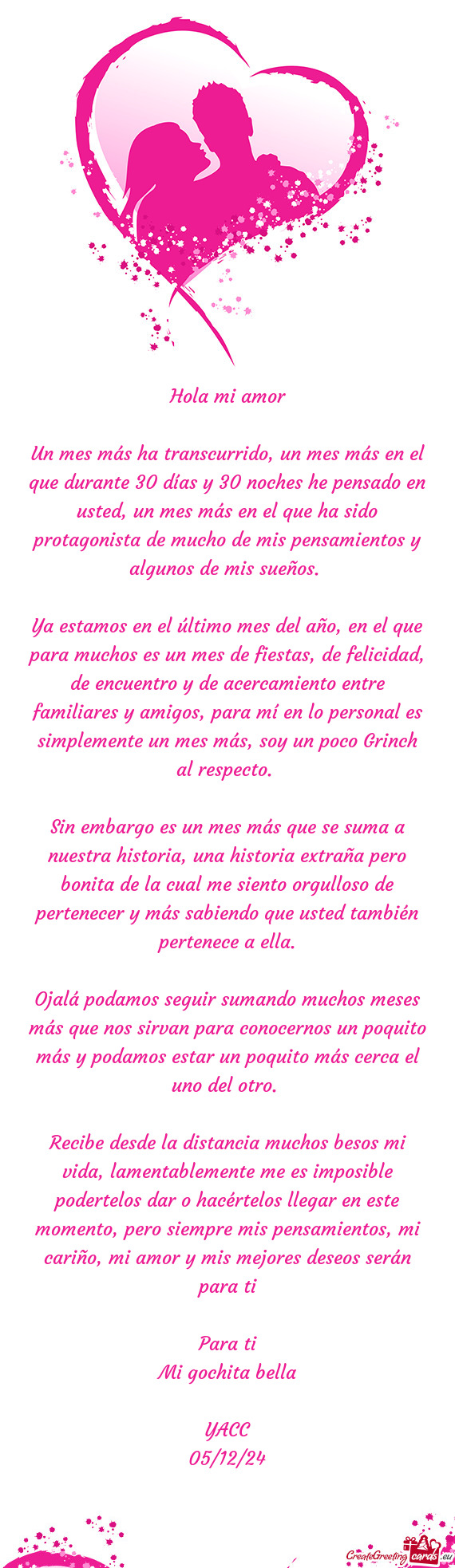 Un mes más ha transcurrido, un mes más en el que durante 30 días y 30 noches he pensado en usted